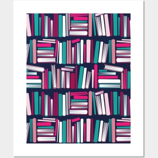 Colourful books // oxford navy blue bookshelf background teal white fuchsia carissma and pastel pink books Posters and Art